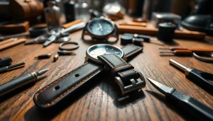Examine an exquisite 22mm watch strap displayed stylishly with quality materials and tools in view.