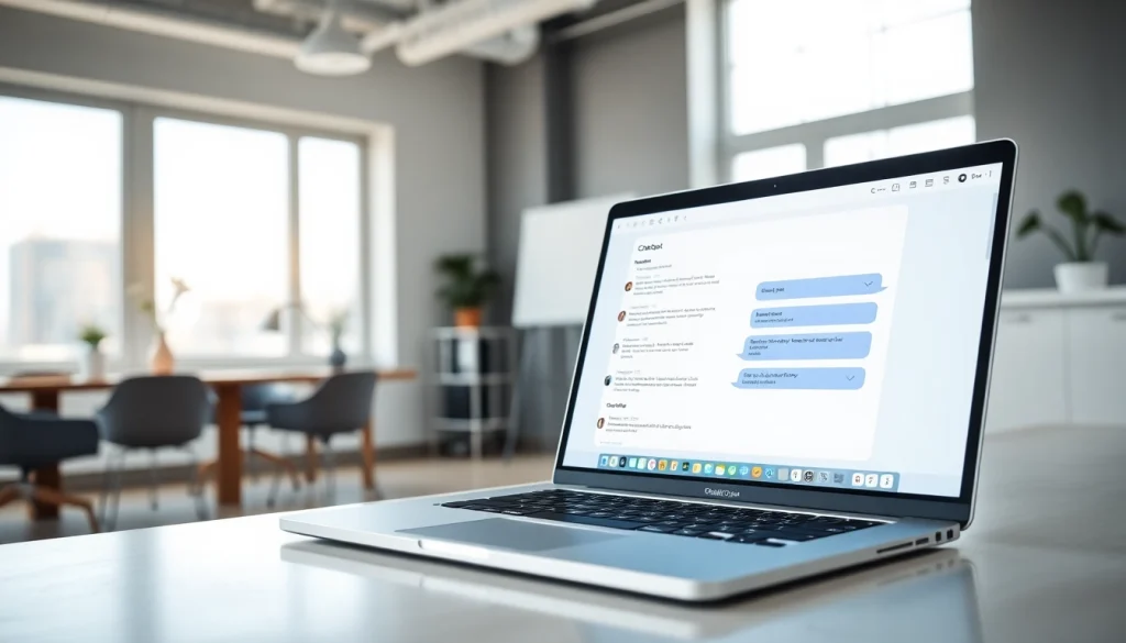Engaging chatgpt chatbot interface prominently displayed on a sleek laptop in a modern office.