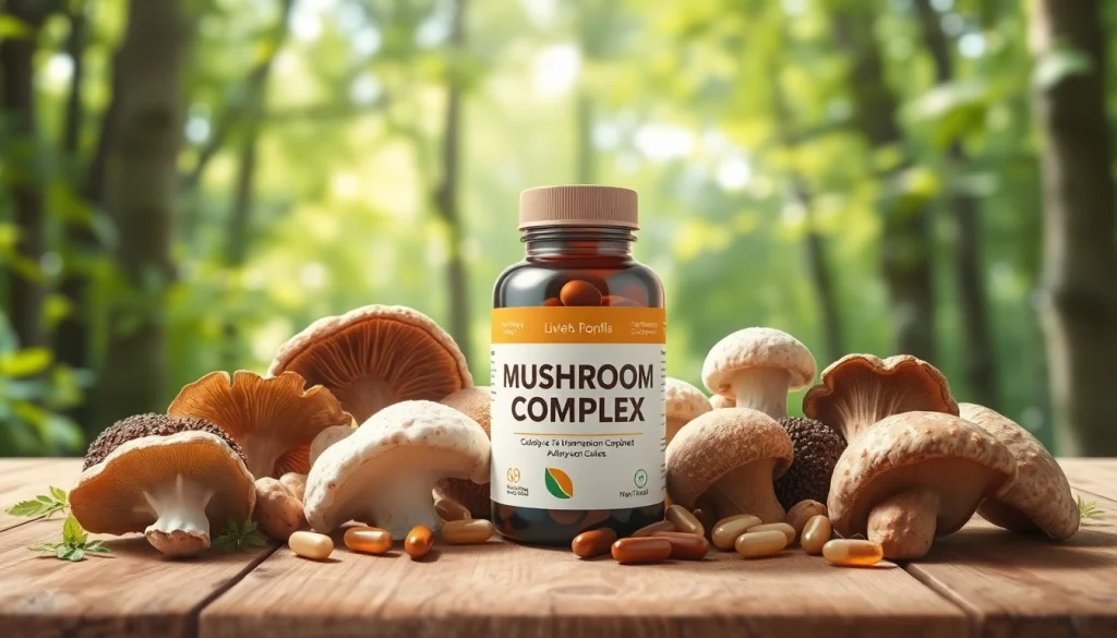 Capsule of Mushroom Complex surrounded by organic mushrooms like Lion's Mane and Reishi.