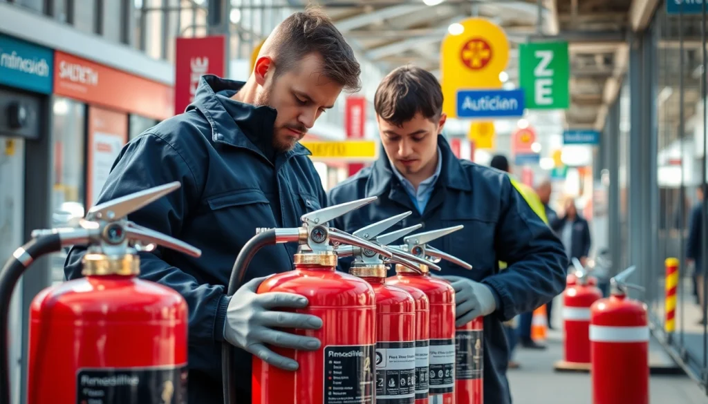 Ensure safety with fire extinguisher servicing Birmingham, featuring expert technicians in action.