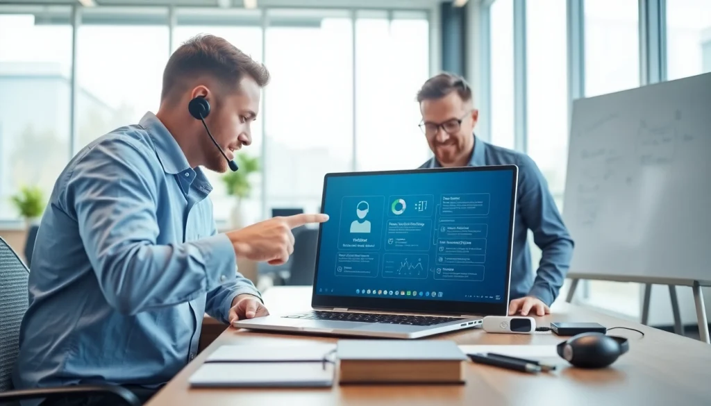 Offering Remote IT Support Services Markham, technicians collaborating on a laptop in a bright office.