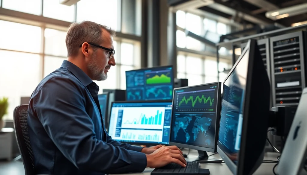 Engaging depiction of server management with a professional analyzing systems in a high-tech office.