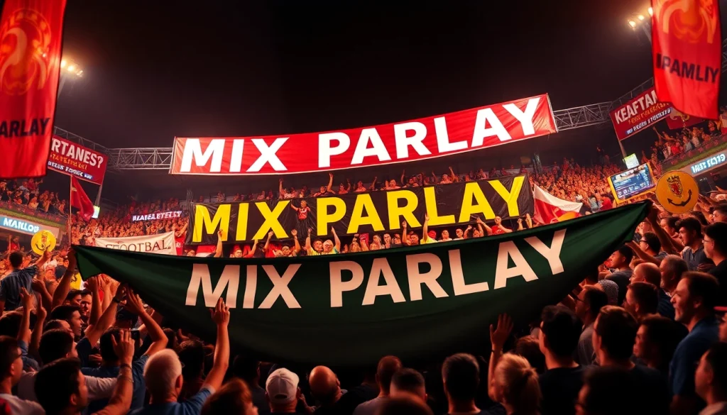 Cheerful fans engaging with mix parlay betting at a vibrant football event.