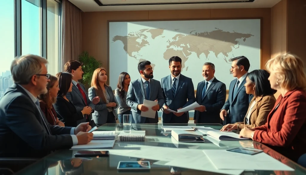 Engaged investors strategizing about international real estate investing in a modern office.