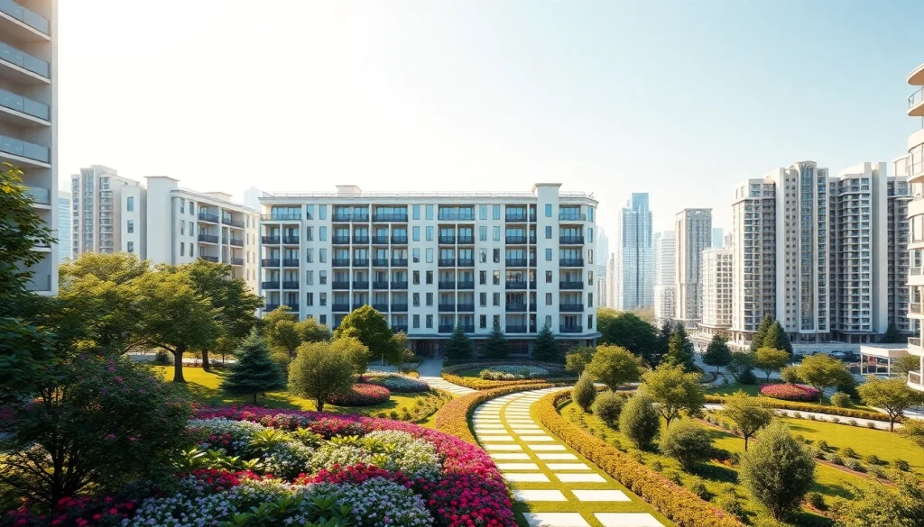 Architekturvisualisierung eines modernen Wohngebäudes mit blühendem Garten und Stadtansicht.