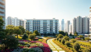 Architekturvisualisierung eines modernen Wohngebäudes mit blühendem Garten und Stadtansicht.