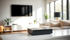 Showcase the superbox tv box on a stylish TV stand in a bright living room.