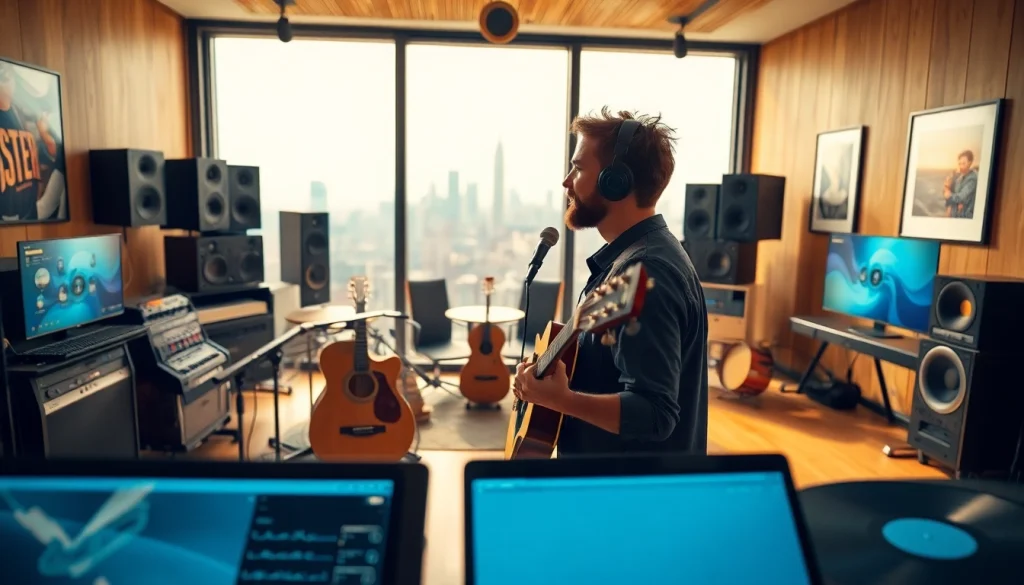 Engaged musician pitching their track in a vibrant recording studio, showcasing the music pitching process.