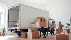 Movers packing boxes efficiently with help from bennettsmoving services in a bright living room.