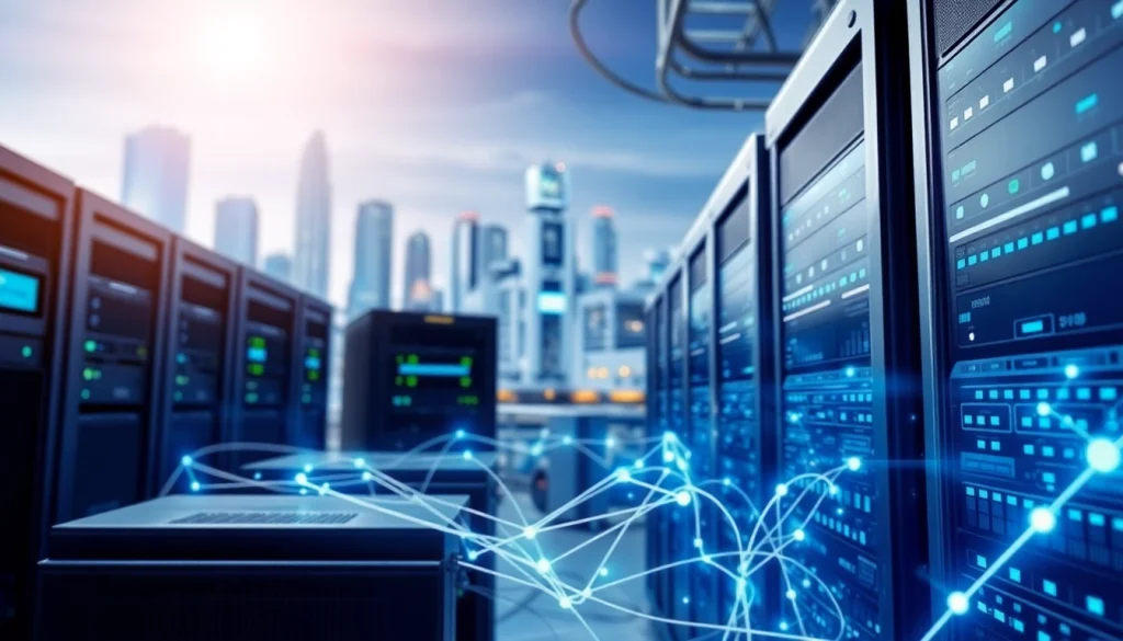 Showcase of Cloud infrastructure and DevOps services with interconnected servers and urban skyline.