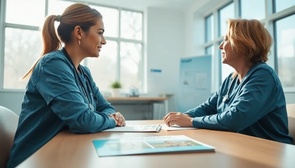Consulting nurse discussing VDAP options with a patient in a well-lit clinic.
