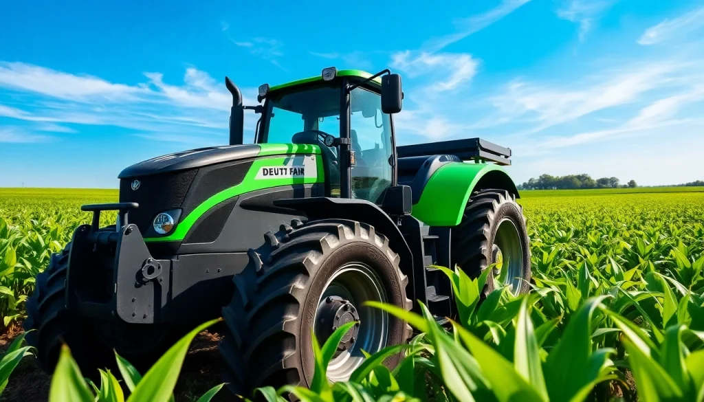 Deutz Fahr Traktor in einem fruchtbaren Feld bei strahlendem Sonnenschein präsentieren
