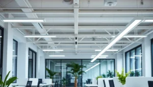 LED Batten Light Manufacturer showcasing modern fixtures in a bright office setting.