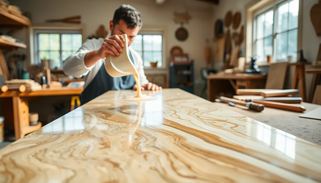 Craftsman pouring laminating resin into a mold in a well-lit workshop.