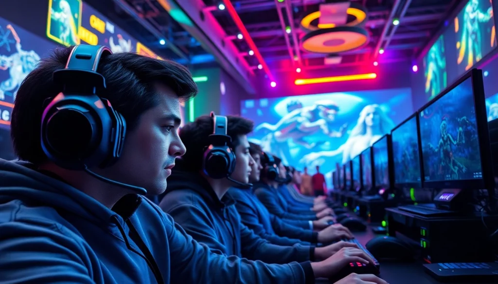 Engaged players in a competitive gaming arena representing activision blizzard, showcasing vibrant visuals and immersive atmosphere.
