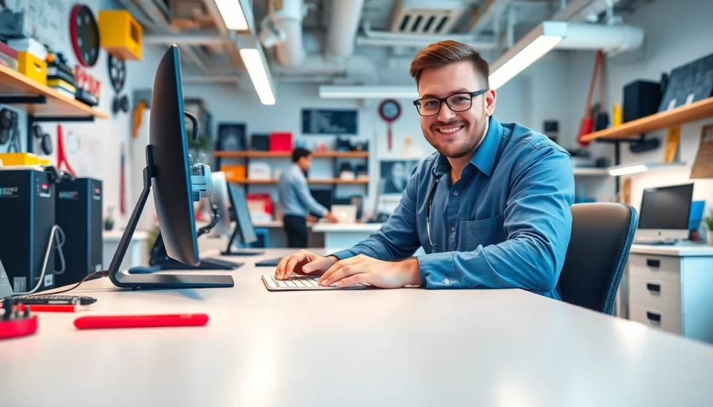 Receive expert computer help near me from a technician in a modern workspace with friendly interaction.