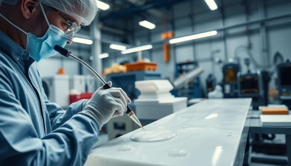 Efficient application of infusion resins in a professional workshop setting, showcasing quality materials.