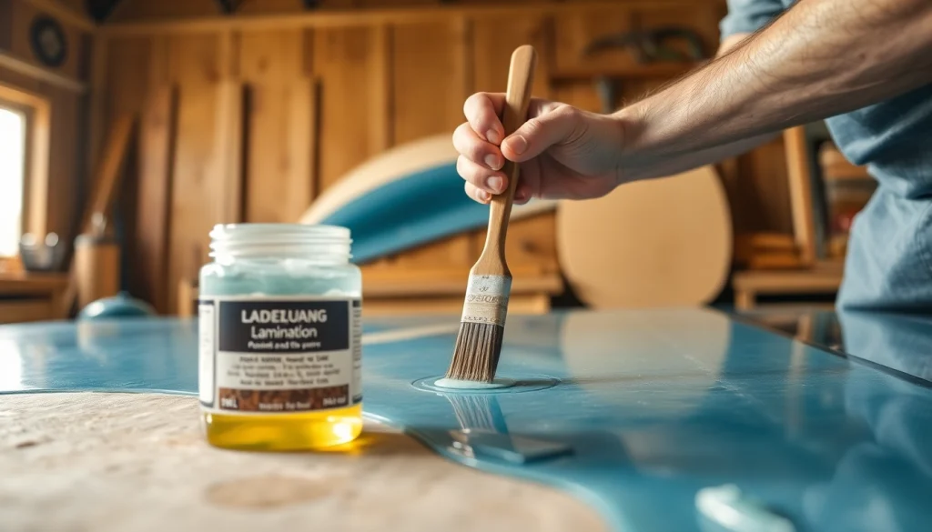 Applying laminating resin to fiberglass in a professional workshop setting.