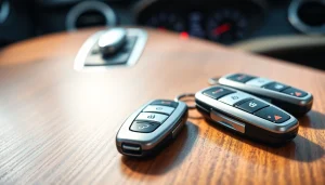 Showcase of Keyless Carkeys on a wooden table, highlighting modern design features.