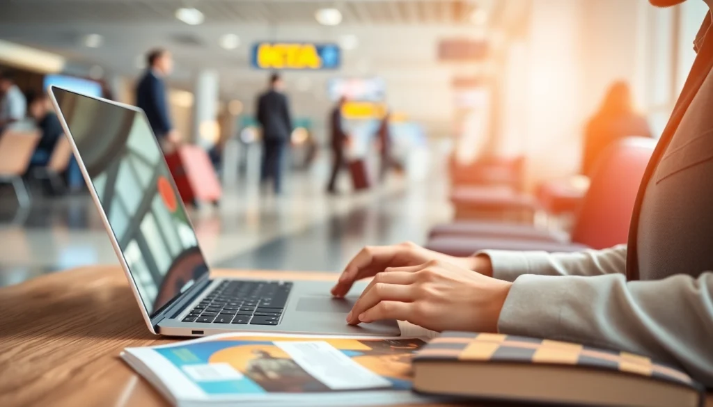 Traveler applying for a uk eta online application at the airport lounge with a laptop.