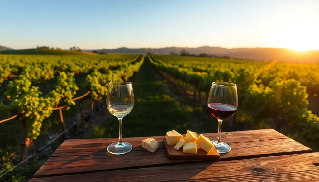Enjoying local wine and cheese in clarksburg vineyard at sunset with inviting scenery.