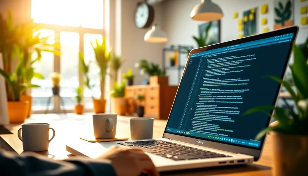 Utilize an API for Midjourney within a bright digital workspace featuring coding activities.