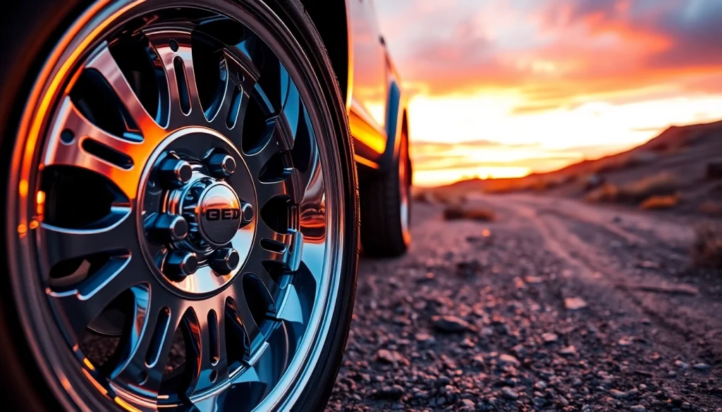 Display featuring XD wheels with a polished design and rugged appeal against a sunset backdrop.
