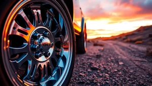 Display featuring XD wheels with a polished design and rugged appeal against a sunset backdrop.