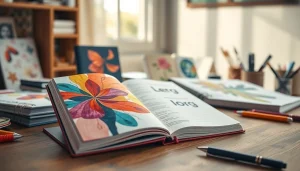 Explore custom notebooks with unique designs on a wooden desk in an inspiring workspace.