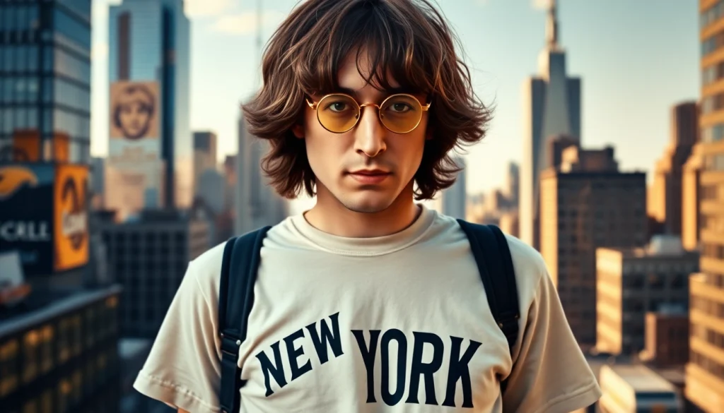 Celebrate creativity and nostalgia with John Lennon wearing a New York shirt, bathed in urban vibrancy.