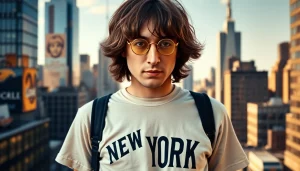 Celebrate creativity and nostalgia with John Lennon wearing a New York shirt, bathed in urban vibrancy.