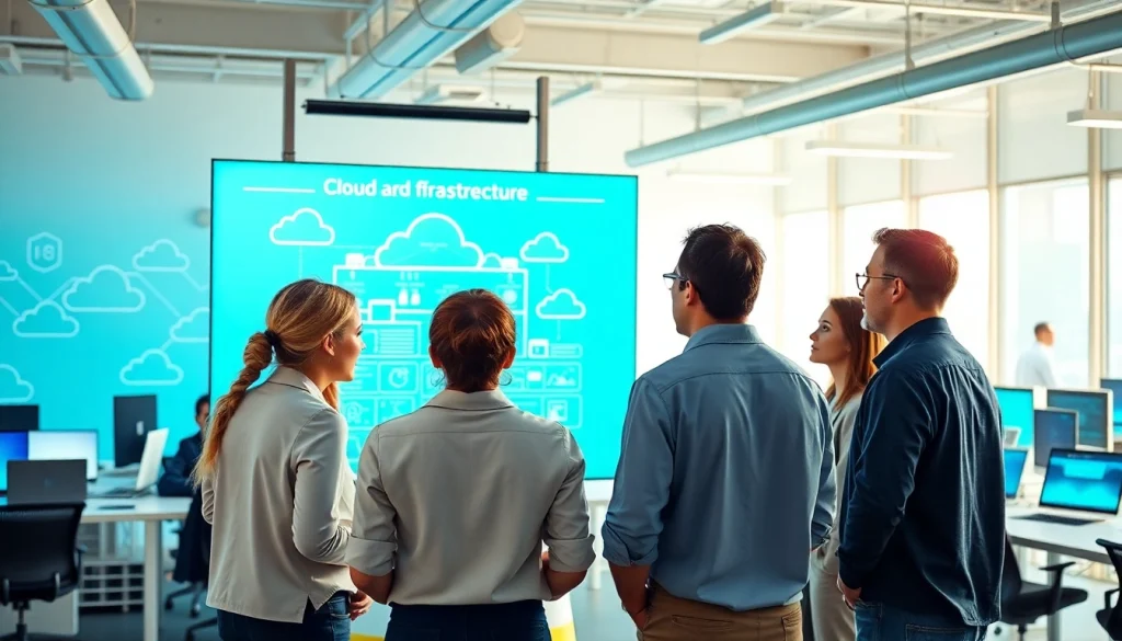 Engaging collaboration on cloud infrastructure and DevOps services in a modern office setting.