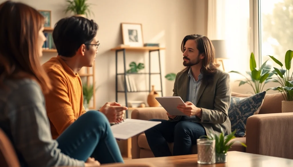 Engaging relationship coach facilitating a conversation with a couple in a cozy office.