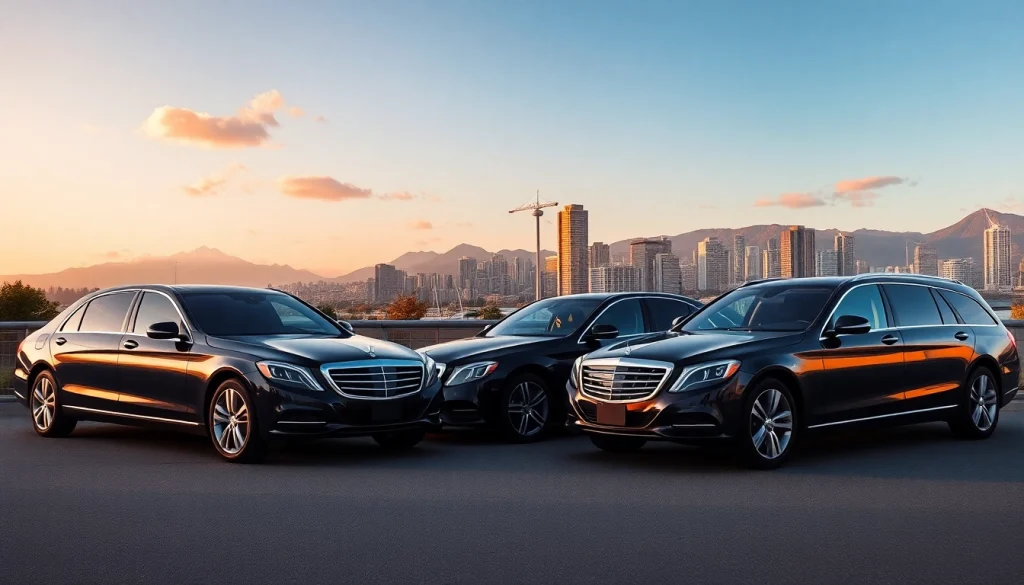 A luxury car service vancouver bc showcasing black vehicles against a stunning city skyline.