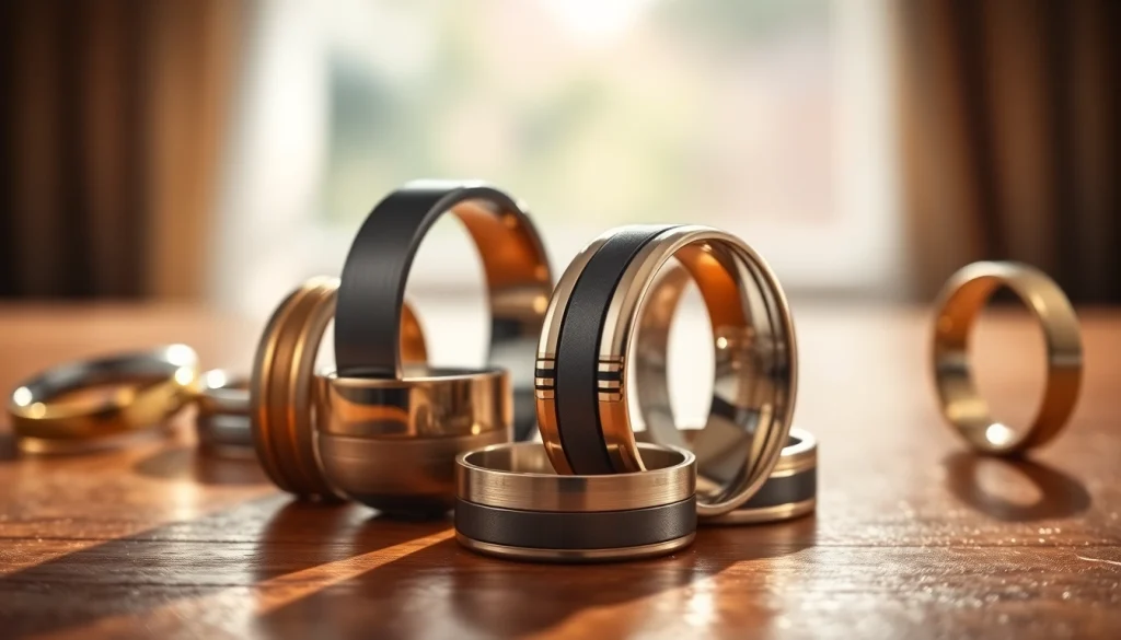 Admire stunning men's wedding rings showcasing unique styles and finishes.
