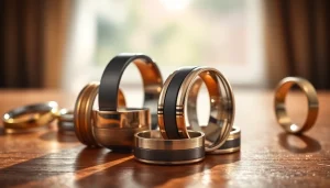Admire stunning men's wedding rings showcasing unique styles and finishes.
