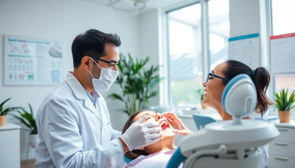 Checkups in a modern dental office showcasing a friendly dentist examining a patient.