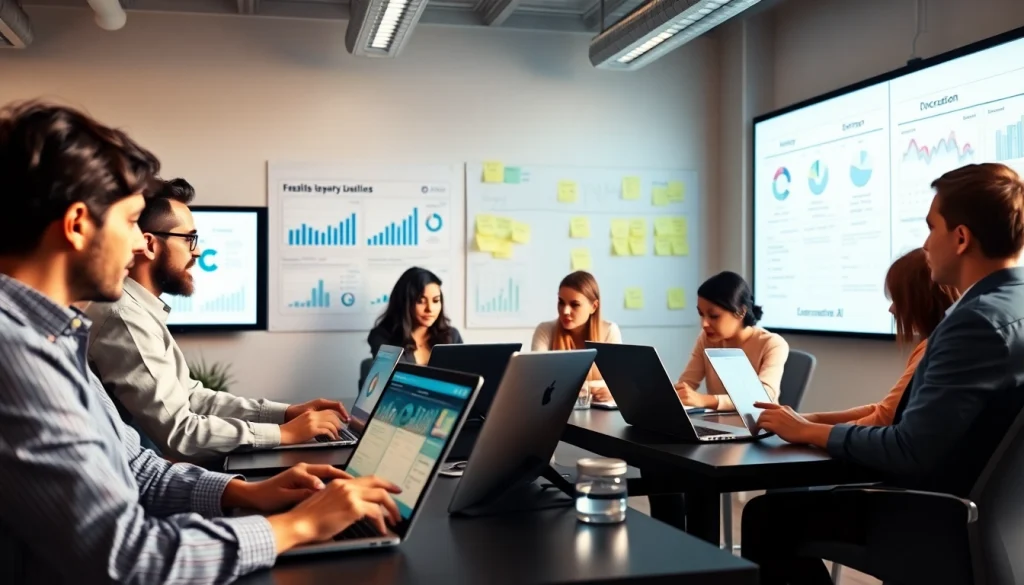 Utilize AI prompts for competitive intelligence through collaboration in a modern office.