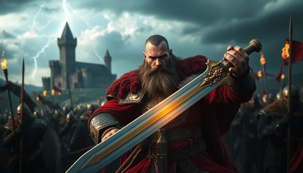 Warlords leading an intense medieval battle, showcasing armor and weaponry in a dramatic setting.