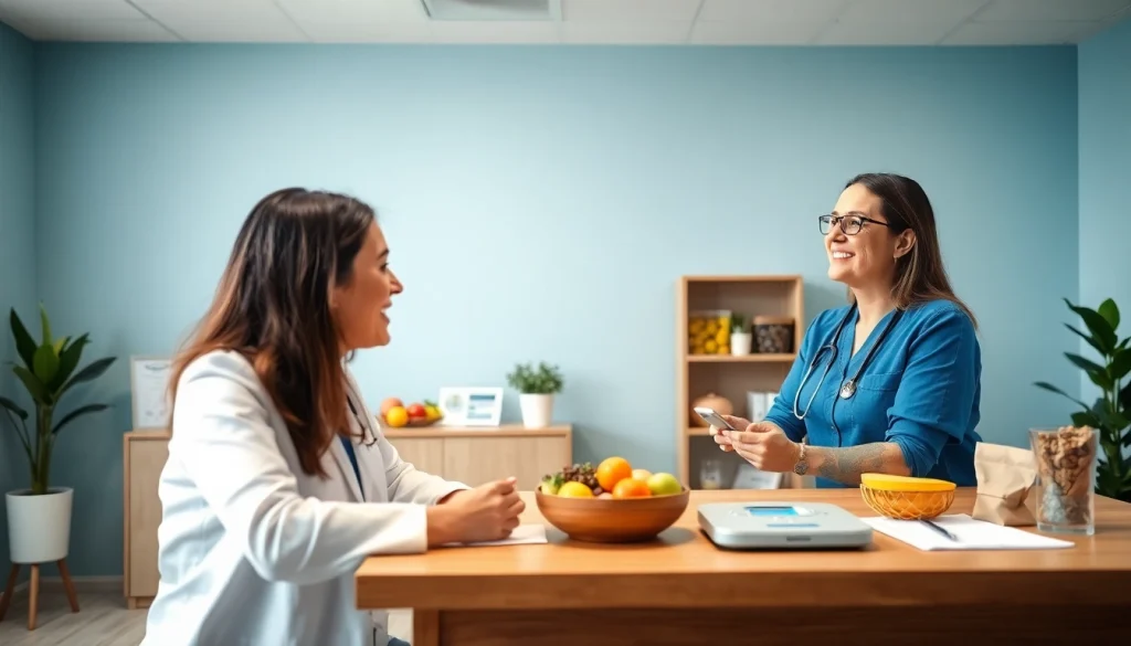 Engaging scene at weight loss clinic near me showing nutritionist offering advice to a client.