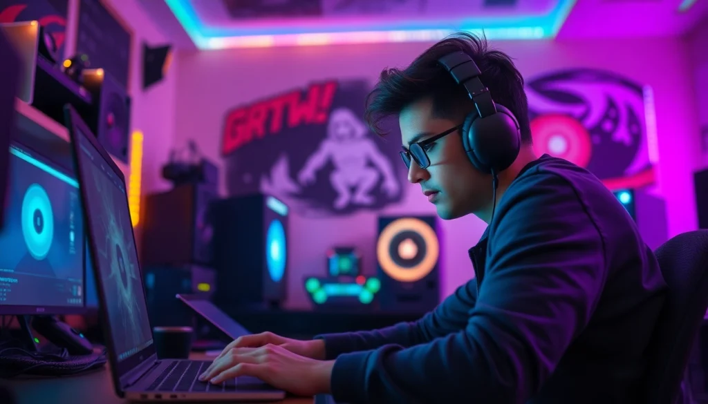 Permainan online di ruang gaming dengan fokus pada pemain dan peralatan.