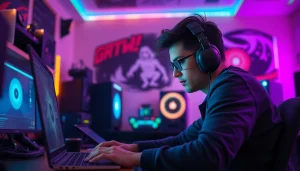Permainan online di ruang gaming dengan fokus pada pemain dan peralatan.