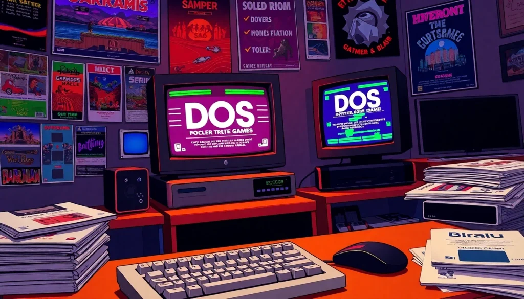 Download DOS games from a nostalgic gaming setup with vintage monitor and keyboard.