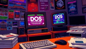 Download DOS games from a nostalgic gaming setup with vintage monitor and keyboard.
