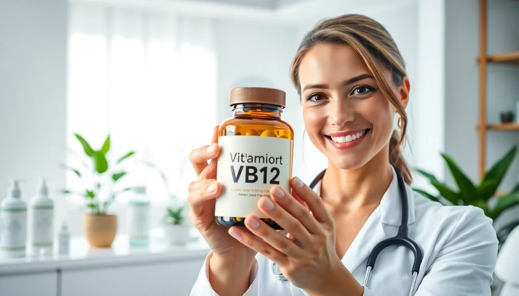 Promoting Vitamin B12 supplements with a nutritionist in a modern spa setting.