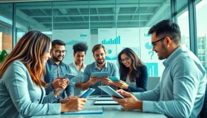 Collaboration in a modern office showcasing an AI content marketing platform.