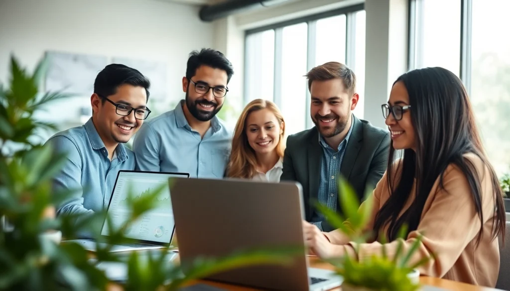 Engaged professionals brainstorming in a cannabis marketing agency office.