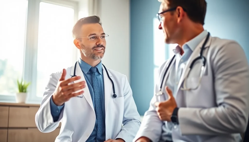 Consulting a patient about Testosterone Replacement Therapy in a bright office.