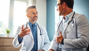 Consulting a patient about Testosterone Replacement Therapy in a bright office.