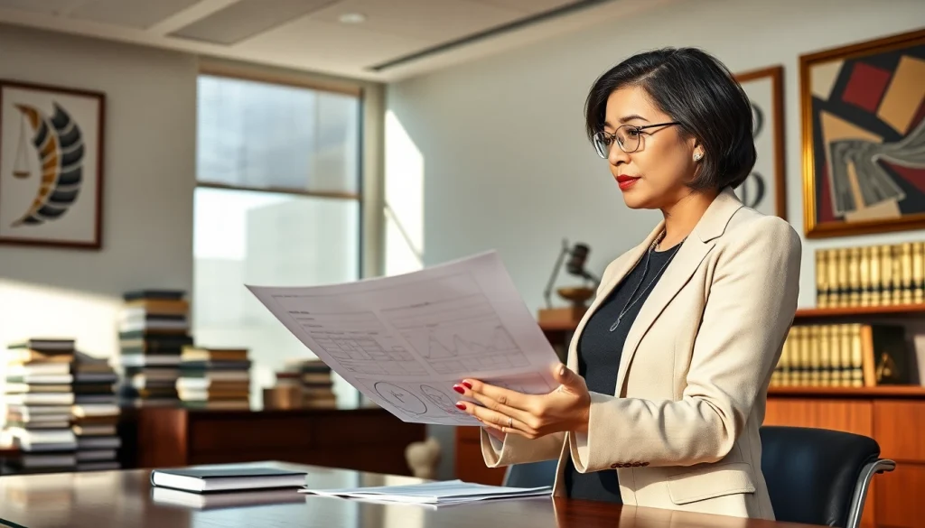 Eminent domain lawyer consulting with a client in a bright, professional law office.